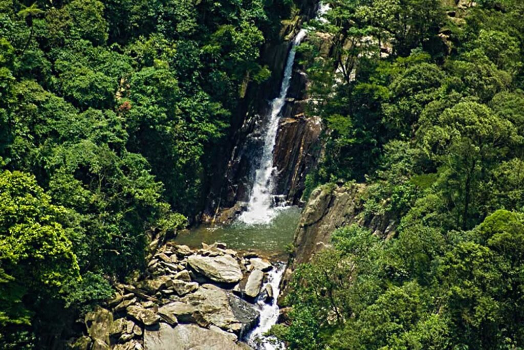 Cachoeira do Engordador em São Paulo, rodeada por vegetação exuberante.