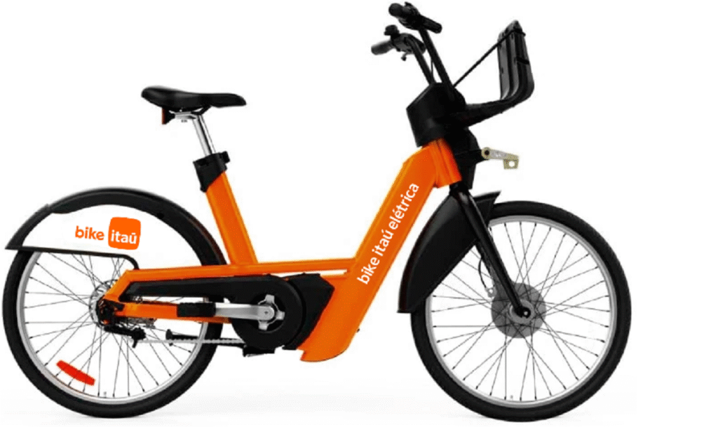 Pessoas utilizando o serviço de aluguel de bicicletas Itaú em uma cidade brasileira