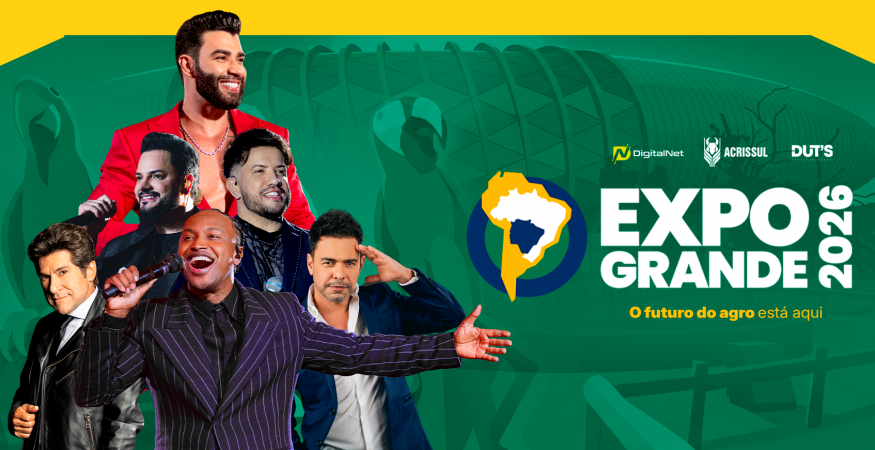 Público aproveitando a Expogrande 2026 em Campo Grande, MS, com artistas se apresentando e estandes de agronegócio