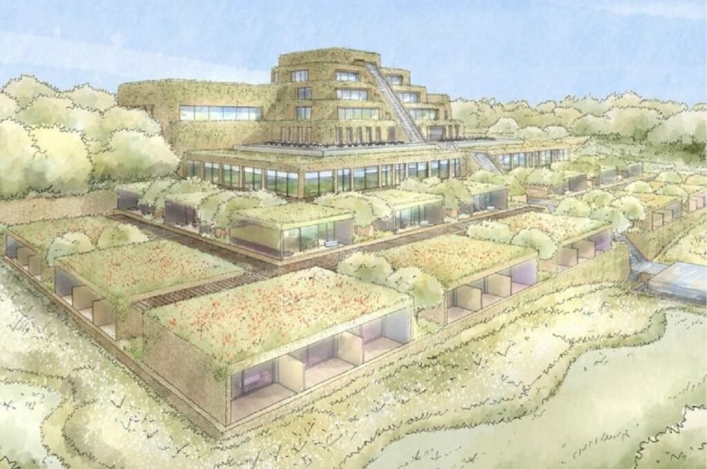 Hotel VIK em construção no interior de São Paulo, com paisagens naturais ao redor