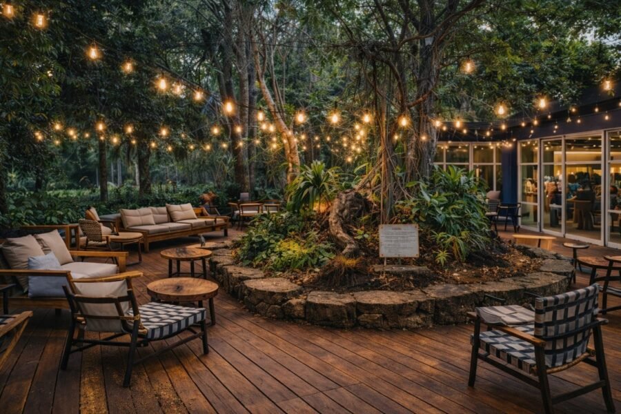 Restaurante abandonado no Parque Celso Daniel em Santo André, com maquete do projeto de revitalização ao fundo