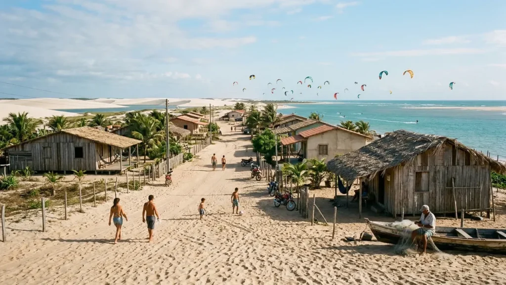 Vilarejo de Atins com pipas de kitesurf e dunas ao fundo